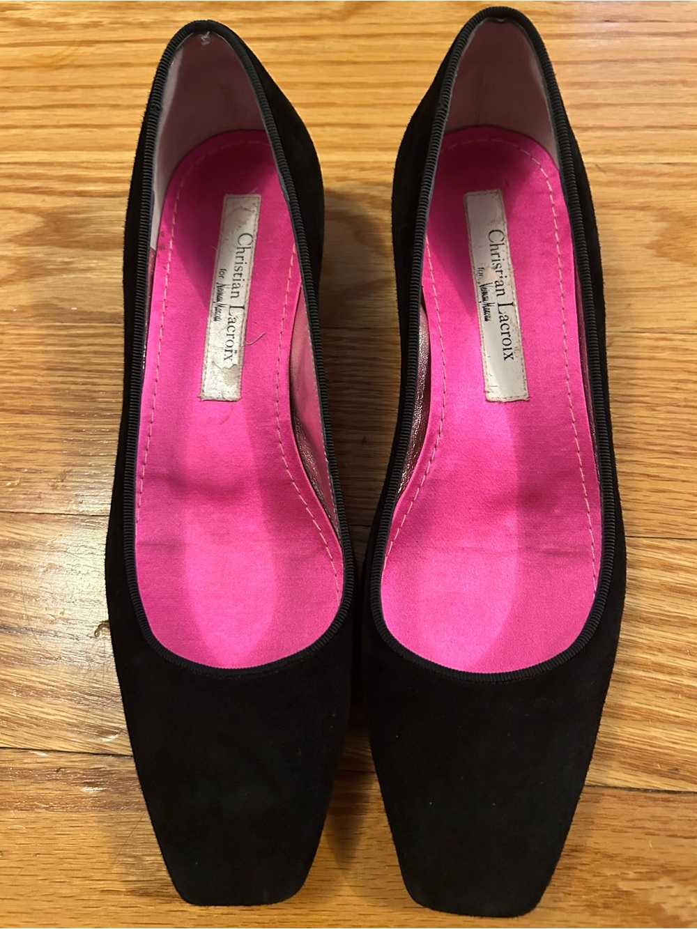 Christian Lacroix Black Suede Kitten Heels Flats with Bright Pink Insole